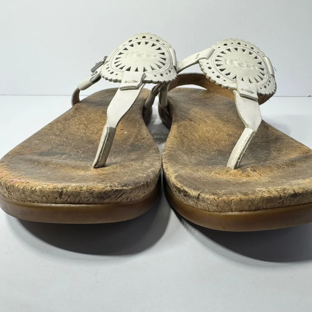 UGG Women's Ayden II White Leather Medallion Cork Thong Slingback Sandals Size 8